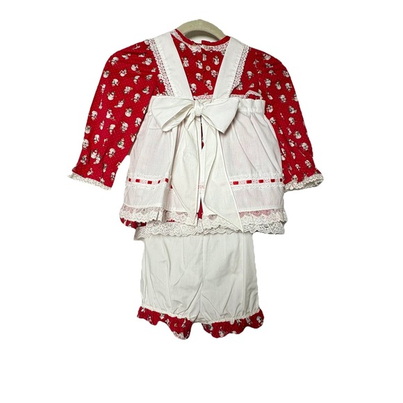 VTG Girls Dress Snowmen Frilly Ruffles Apron Top Tie Around Back Bloomers 2T 3T - Picture 2 of 8